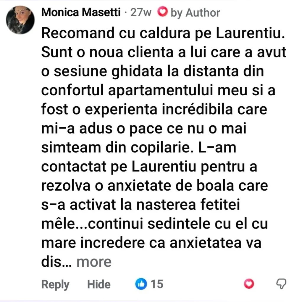 Captură cu mesajul unei cliente despre ședințe (1 din 4)
